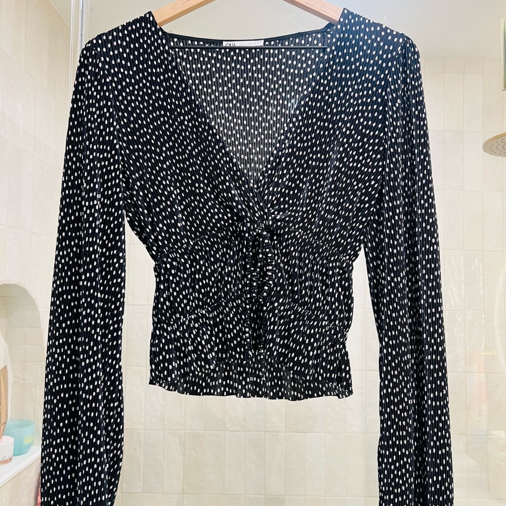 Zara Polka Dot Blouse Balloon Long Sleeve V Neck Cropped Women's S Black White